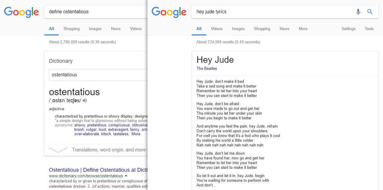 Featured Snippets for the Google search queries "define ostentatious" and "hey jude lyrics".