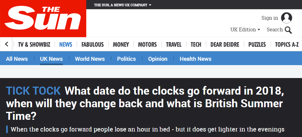 A screenshot of an article on The Sun newspaper website about British Summer Time, with three keywords stuffed into the headline.