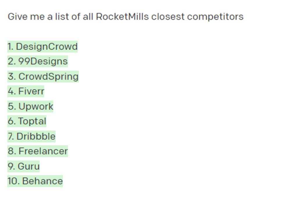 Give me a list of RocketMill's closest competitors