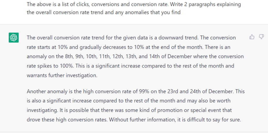 Write two paragraphs explaining the overall conversion rate trend and any anomalies that you find